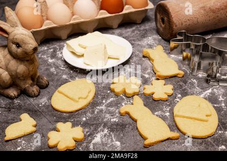 Easter bakery, Easter cookies with baking accessories and Easter decoration Stock Photo
