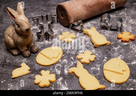 Easter bakery, Easter cookies with baking accessories and Easter decoration Stock Photo