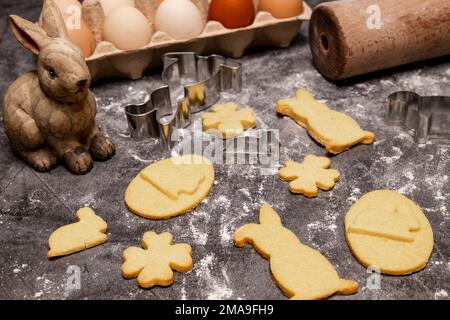 Easter bakery, Easter cookies with baking accessories and Easter decoration Stock Photo