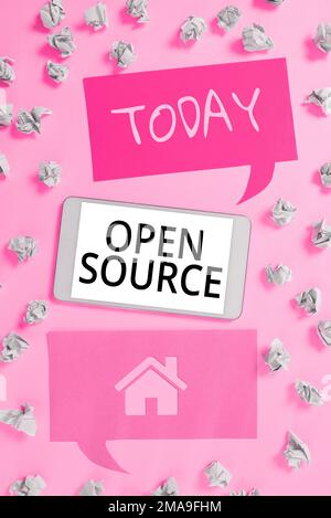 Writing displaying text Open Source. Concept meaning denoting software which original source code freely available Stock Photo