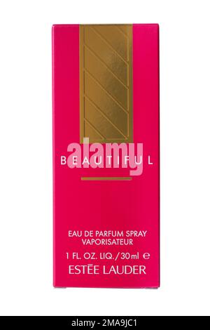 Box of Beautiful Eau de Parfum Spray Vaporisateur from Estee Lauder isolated on white background Stock Photo