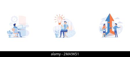 Man using computer at work, Thinking outside the box, Coworkers cartoon characters, set flat vector modern illustration Stock Vector