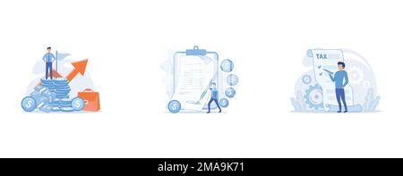 Profitable company director, Man with pen writing signature on document, Income statement web icon, set flat vector modern illustration Stock Vector