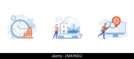 Clock and increasing chart, Electronic mail, Location based advertisement, set flat vector modern illustration Stock Vector