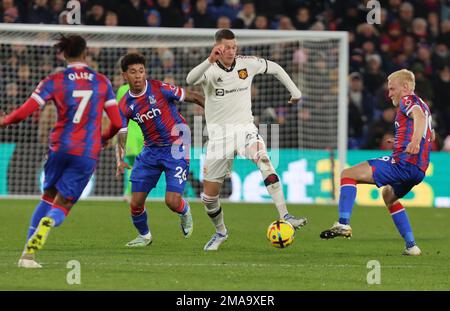 London ENGLAND - January 18: L-R Crystal Palace's Chris Richards, Manchester United's Wout Weghorst (on loan from Burnley) and Will Hughes of Crystal Stock Photo