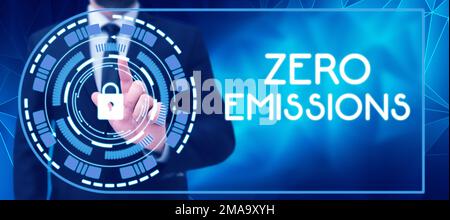Hand writing sign Zero Emissions. Word for emits no waste products that pollute the environment Stock Photo