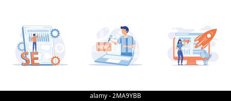 Search engine optimization, Mass media, Creative idea flat icon, set flat vector modern illustration Stock Vector