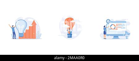 Creative thinking, Flight transportation, Woman using software cartoon character, set flat vector modern illustration Stock Vector