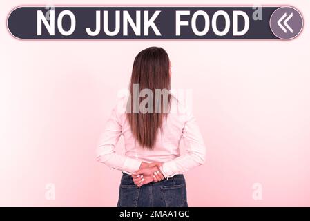 Writing note showing No Junk Food Business photo showcasing Stop eating  unhealthy things go on a diet give up burgers fries Stock Photo  Alamy
