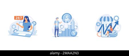 Noctidial technical support, Sales growth, Income growth, set flat vector modern illustration Stock Vector