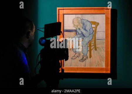 A cameraman films Dutch painter Vincent van Gogh's 'Sorrowing Old Man' (1890) at the 'Van Gogh, masterpieces from the Kroller-Muller museum' exhibition in Rome, Italy, Friday, Oct. 7, 2022. The exhibition opens to visitors on March 8 and will close March 26, 2023. (AP Photo/Andrew Medichini)