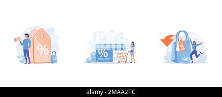 Sales promotion cartoon web icon, Marketing strategy cartoon web icon, Shopping discounts and allowances cartoon web icon, set flat vector modern illu Stock Vector