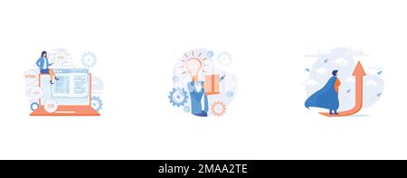 Css and HTML programming languages, Innovative ideas generation, Personal growth motivation, set flat vector modern illustration Stock Vector