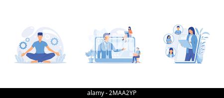 Stress reduction and relieving activity, Web conference, Social network, set flat vector modern illustration Stock Vector