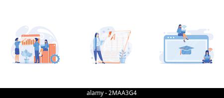Business innovation presentation, Book online reading, Online preparation for lesson, set flat vector modern illustration Stock Vector