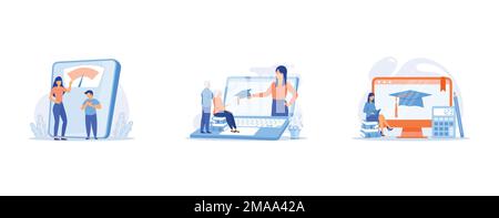 Losing weight, Education for older people, Maths online course, set flat vector modern illustration Stock Vector