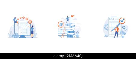 Accountant expertise, Clever man, student standing on books stack with flag, Taxes calculation, set flat vector modern illustration Stock Vector