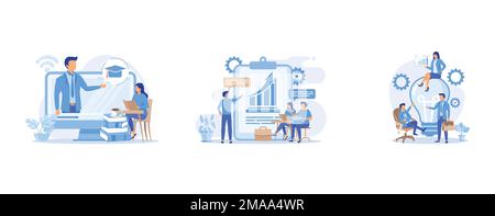 Online lecturing, Managers meeting, Company teamwork, idea generation, set flat vector modern illustration Stock Vector