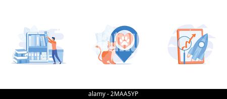 Ebooks collection, Pet friendly area, Mobile software optimization, set flat vector modern illustration Stock Vector