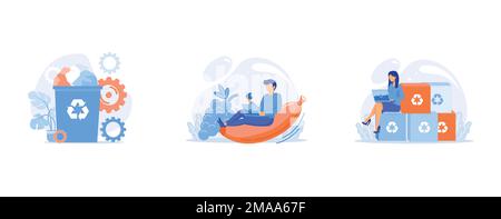 Paper waste bin, Organic fruits eating, Recyclable and eco friendly packaging, set flat vector modern illustration Stock Vector