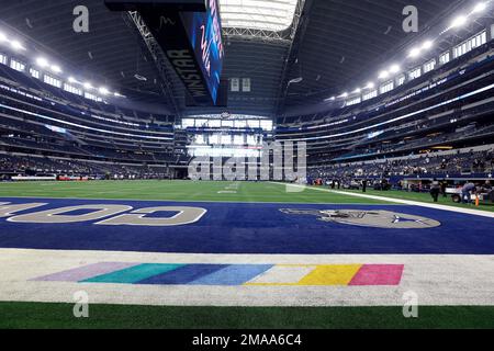 The Washington Commanders logo is seen in the end zone before a NFL  football game between the Washington Commanders and the Jacksonville  Jaguars, Sunday, Sept. 11, 2022, in Landover, Md. (AP Photo/Nick