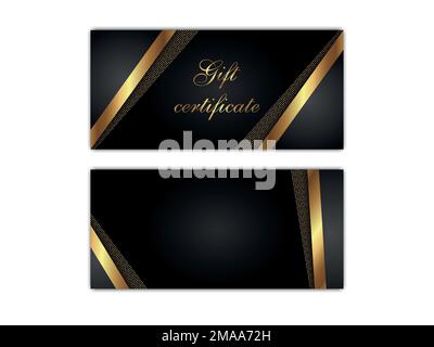 Gift certificate templates isolated. Vector graphic black voucher layouts with shiny golden decor elements. Illustration of gift coupon with luxury ba Stock Vector