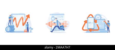 Business growth strategy, Purposeful businessman with briefcase, Broken electronics reusing, set flat vector modern illustration Stock Vector