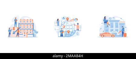 Workers in warehouse, storage facility, Global distribution, international cargo freight company, Business people at hotel use all included services, Stock Vector