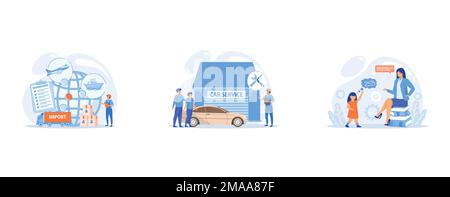 Established international trade routes, Auto mechanic and business people at car service having their car repaired, Speech-language pathologist, set f Stock Vector
