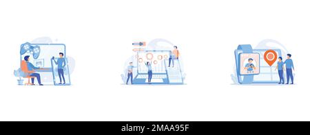 Gamers play video game on different hardware platforms, Tester and developer work with laptop and tablet, Parents looking at child location on tablet Stock Vector