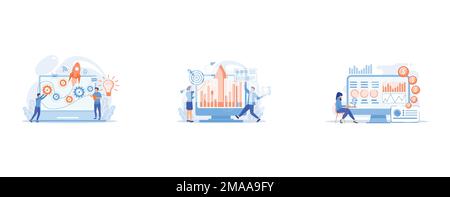 Startup team receive mentoring and training to accelerate growth and laptop, Business intelligence experts transform data into useful information, Dat Stock Vector