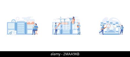 Data scientist, data analytics manager, database developer and administrator working, Engineers consolidating and structuring data in the center, Busi Stock Vector