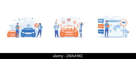 Self-driving car with sensors automatically parked in parking lot, Businessman likes autonomous driverless car with smart technology icons, Foreign la Stock Vector