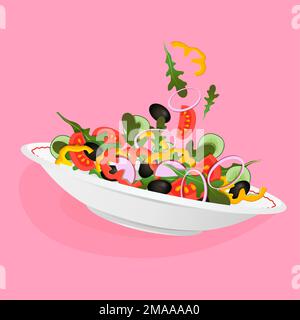 Vegetarian salad plate with onion, radish, cucumber, olive, tomato, arugula on a pink background Stock Vector