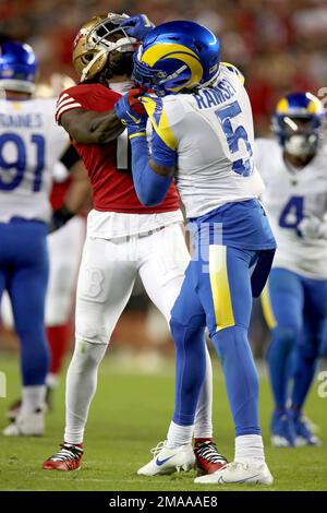 Los Angeles Rams cornerback Jalen Ramsey (5) during an NFL football game  against the Arizona Cardinals, Sunday, Oct. 3, 2021, in Inglewood, Calif.  The Arizona Cardinals defeated the Los Angeles Rams 37-20. (