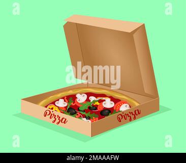 Realistic pizza in box with onion, tomato, olive, arugula, champignons isolated drawing in flat style on a mint background Stock Vector