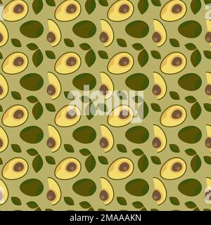 Seamless pattern with fresh avocado and leaves on a dark background Stock Vector