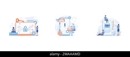 Cryptographic officer and system administrator create algorithm code for key owner of blockchain, Businessman communicates with chatbot with voice com Stock Vector