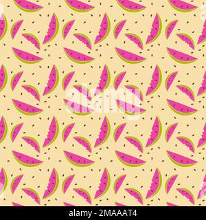 Seamless pattern with fresh watermelon slices and seeds on yellow sand background Stock Vector