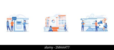 Business people communicate with chatbot application, Business analysts performing idea management on computer screen, Marketeers learning from fellow Stock Vector