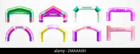 Realistic 3d colorful inflatable arches for sports competition. Arch gates of different shapes for marathon, races and outdoor sport events. Start and finish archways isolated on white background. Stock Vector