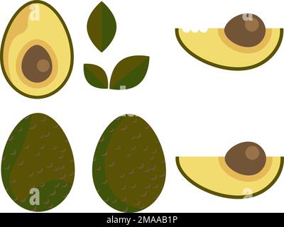 Avocado icon set drawing in flat style clipart with organic colors Stock Vector