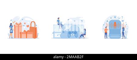 Gift card with bow and ribbon, gift box and woman loving shopping, Two gamers playing computer connected with joystick, Users buying smart speaker app Stock Vector