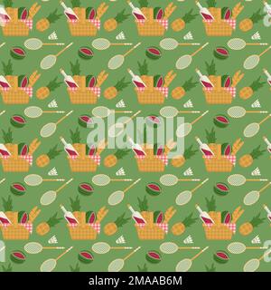 Seamless pattern with picnic basket and badminton set drawn in flat style Stock Vector