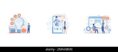 STEM education model, Video tutorial watching, International business partners video conference, set flat vector modern illustration Stock Vector