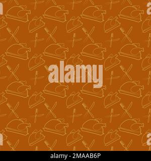 Seamless pattern with drawing in one line style turkey thanksgiving dinner serving Stock Vector