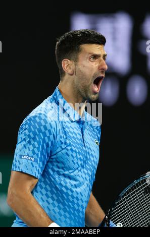 Melbourne, Australia. 19th Jan, 2023. Novak Djokovic of Serbia reacts during the men's singles second round match against Enzo Couacaud of France at Australian Open tennis tournament in Melbourne, Australia, on Jan. 19, 2023. Credit: Bai Xuefei/Xinhua/Alamy Live News Stock Photo