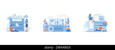 Two developers working with big data technology, Users with laptops working with database, Users working on laptops with data entry, set flat vector m Stock Vector