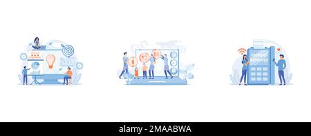 Company providing management training and office space, Adults rating content for children with age restriction signs, Businesswoman making contactles Stock Vector