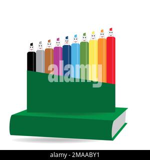 Nine felt pens with happy faces and one felt pen with sad face on a green book Stock Vector
